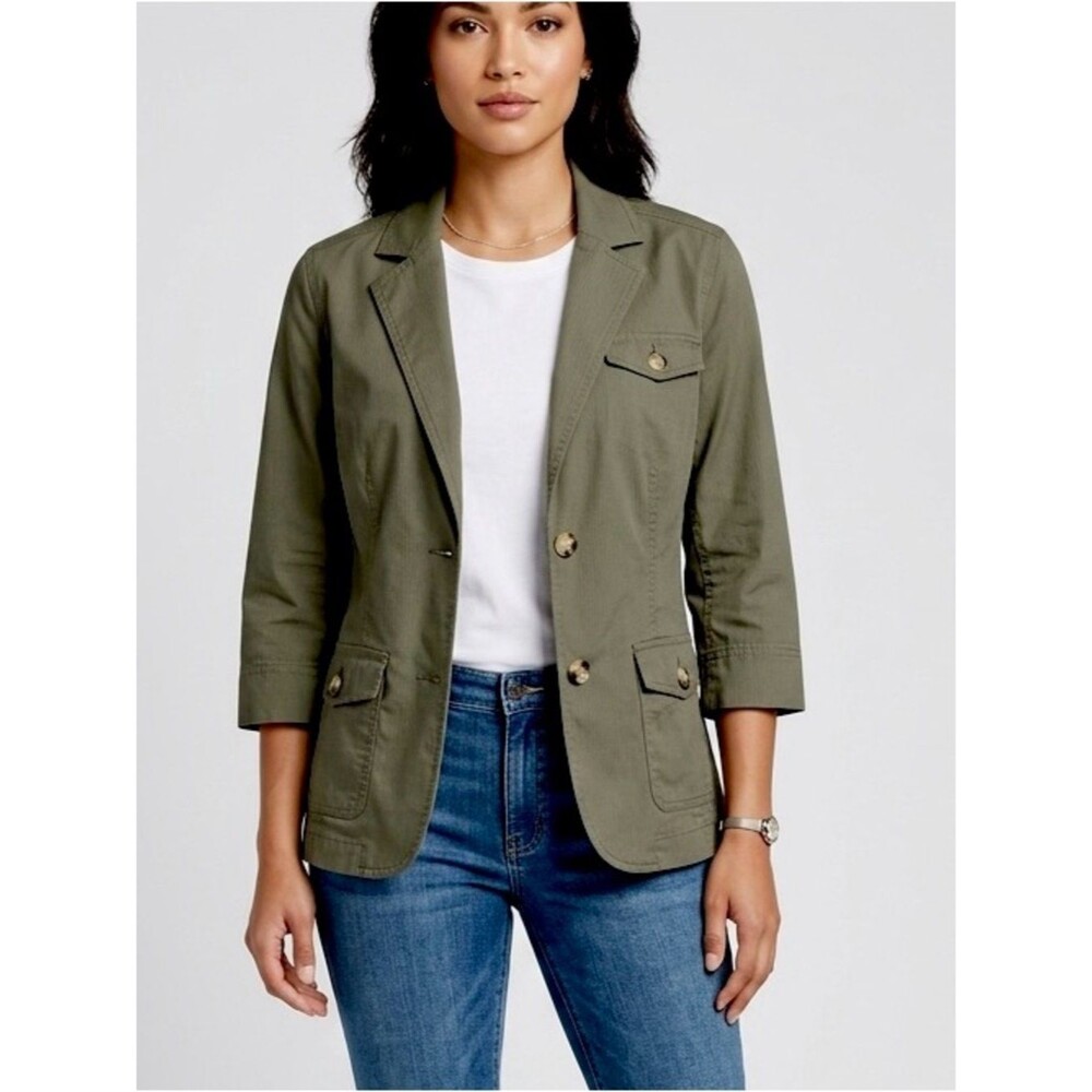Eddie Bauer Utility Olive Green Utility Blazer Jacket with 3/4 Sleeves SZ 12